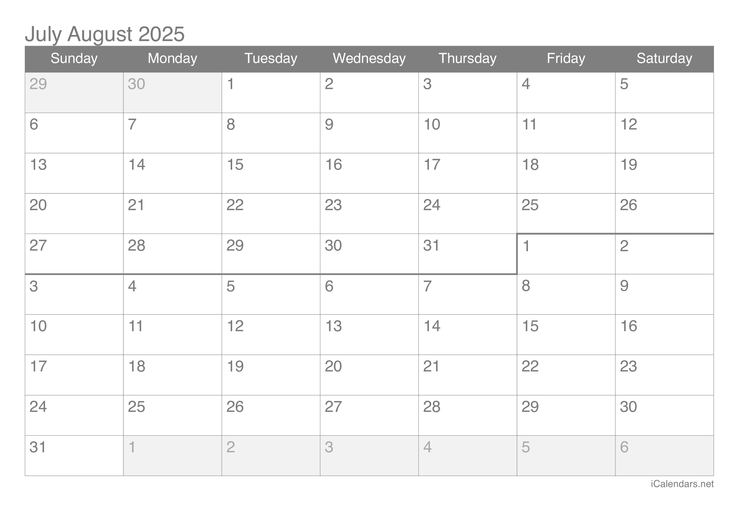 2025 Blank Calendars For August