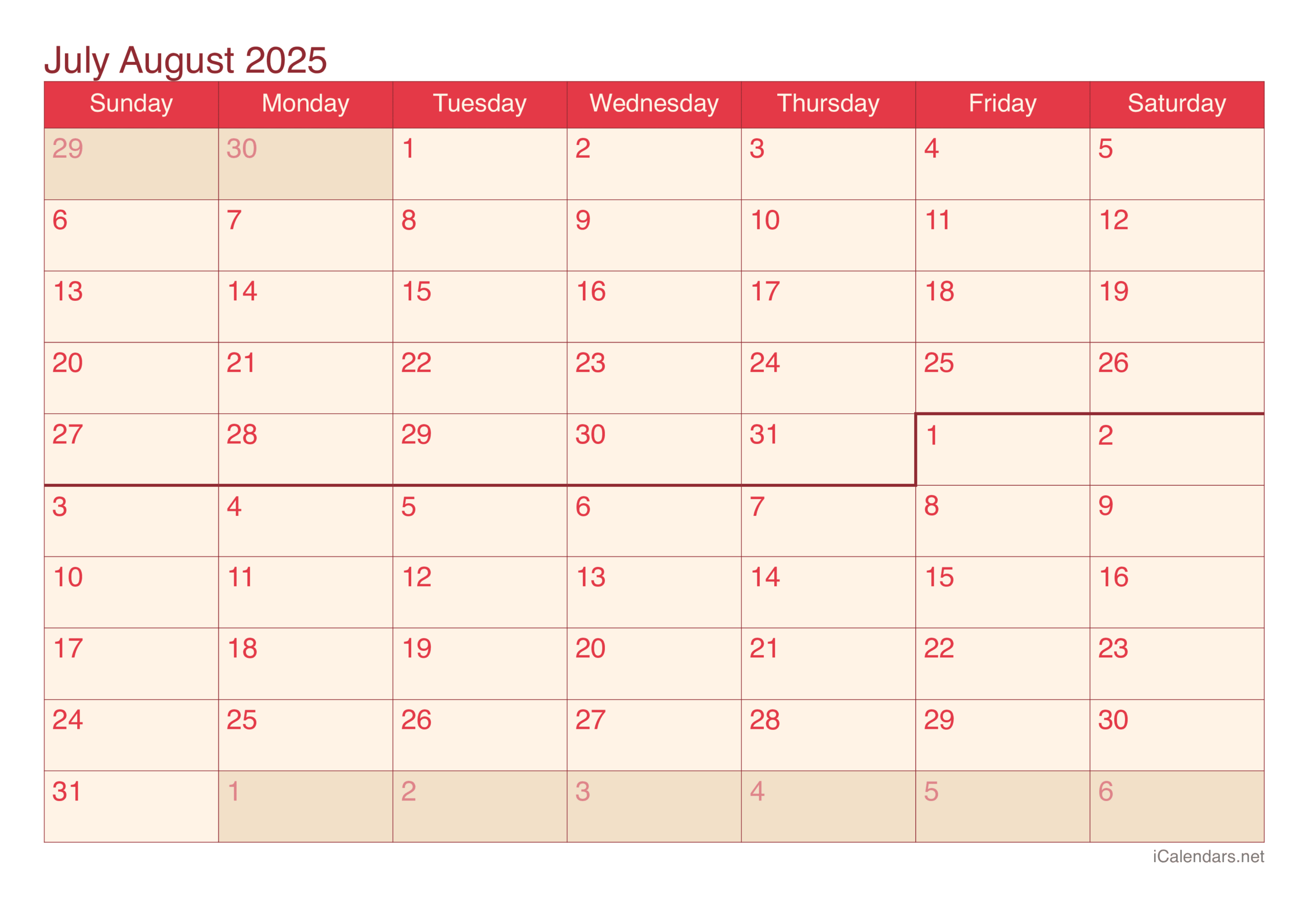 2025 August To December Blank Calendar