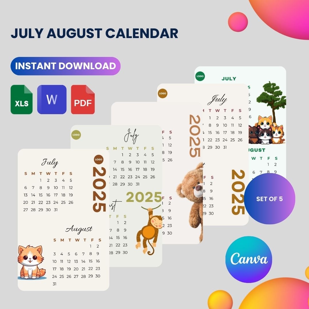 July August 2025 Calendar Template PDF Word Excel