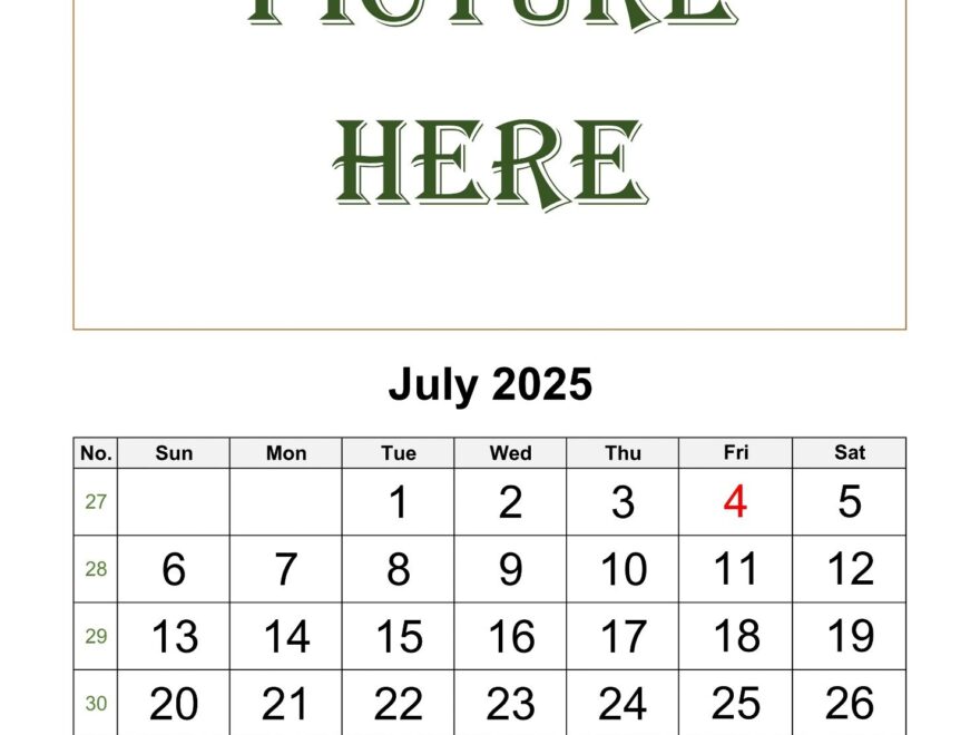 July Printable 2025 Calendar Space For Add Picture vertical Free Calendar template
