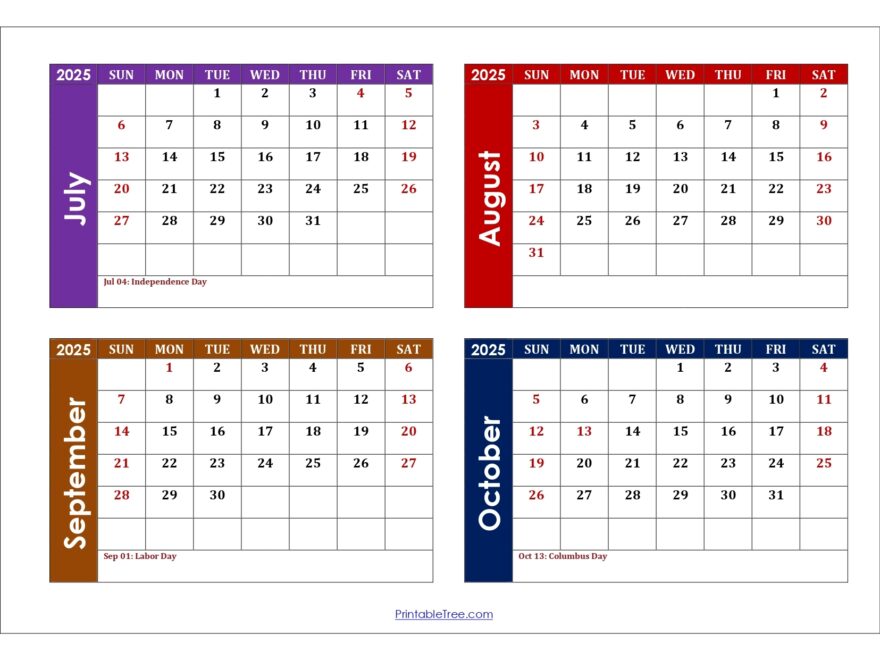 July To October 2025 Calendar Printable PDF Four Months Calendar