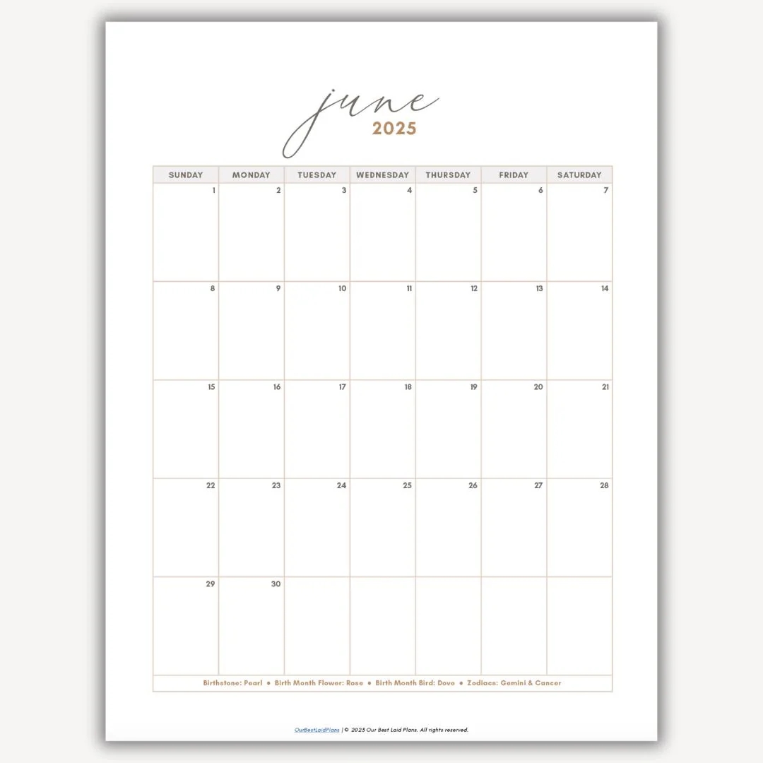 Printable Free Blank Calendar 2025