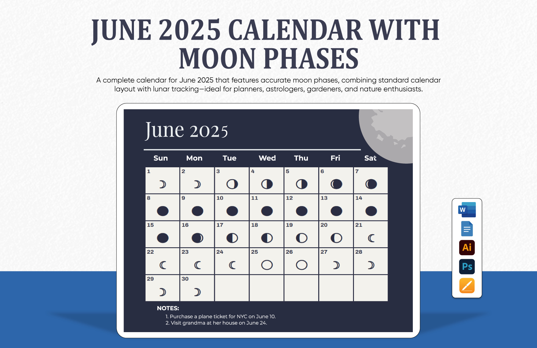 June 2025 Calendar Template With Moon Phases In PSD Illustrator Word Apple Pages Google Docs To Download Template