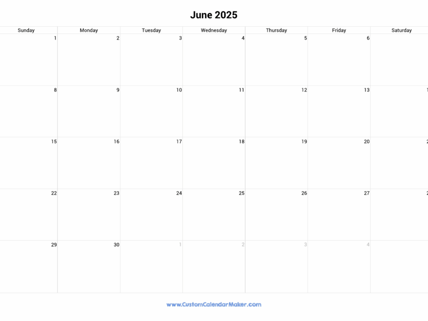 June 2025 Landscape Calendar With Large Boxes Custom Calendar Maker