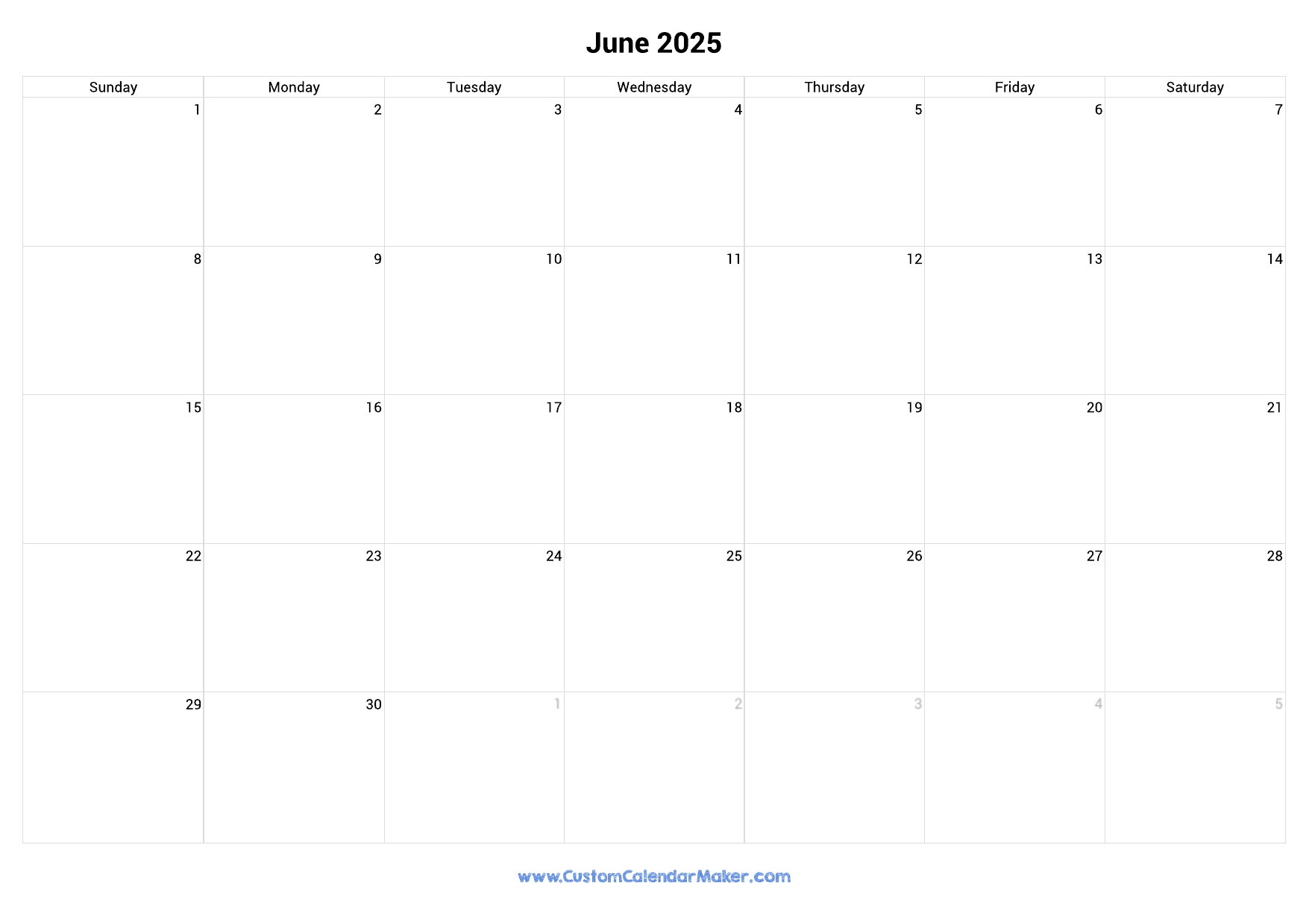 June 2025 Landscape Calendar With Large Boxes Custom Calendar Maker