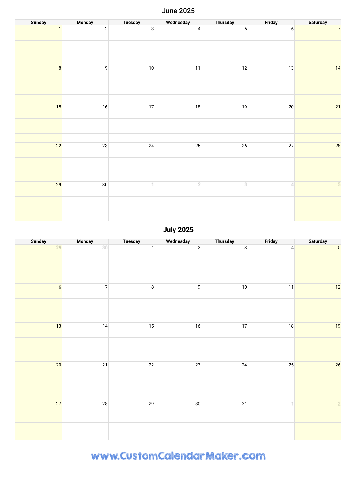 Blank 2025 Calendar Templates