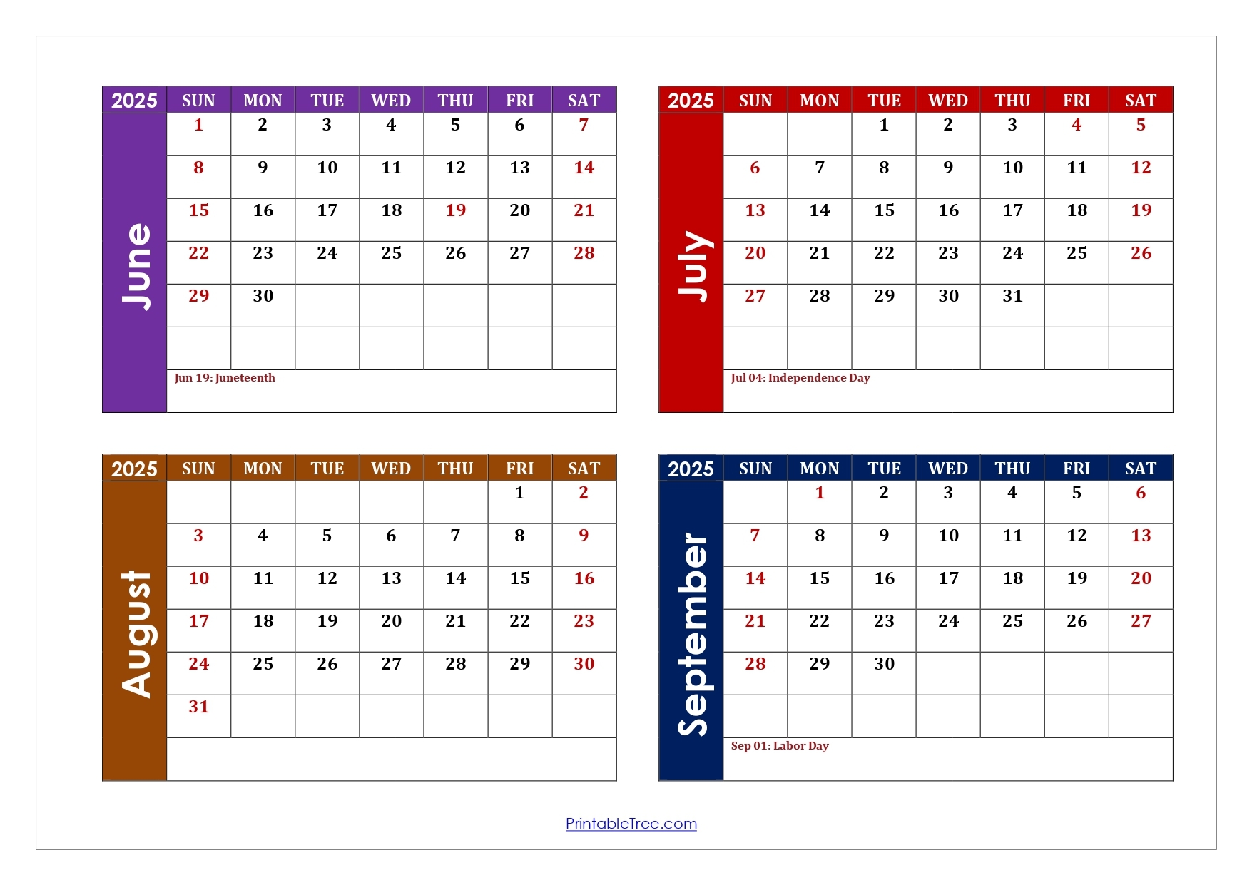 Blank 2025 Summer Calendars