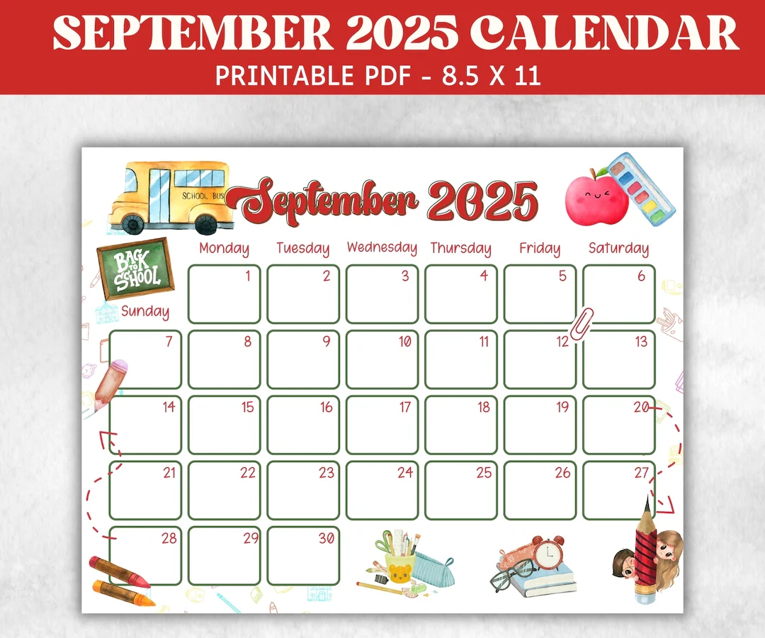 Kid September 2025 Calendar Printable 2025 Calendar Homeschool Preschool Calendar Board Children Monthly Planner Back To School Calendar Etsy