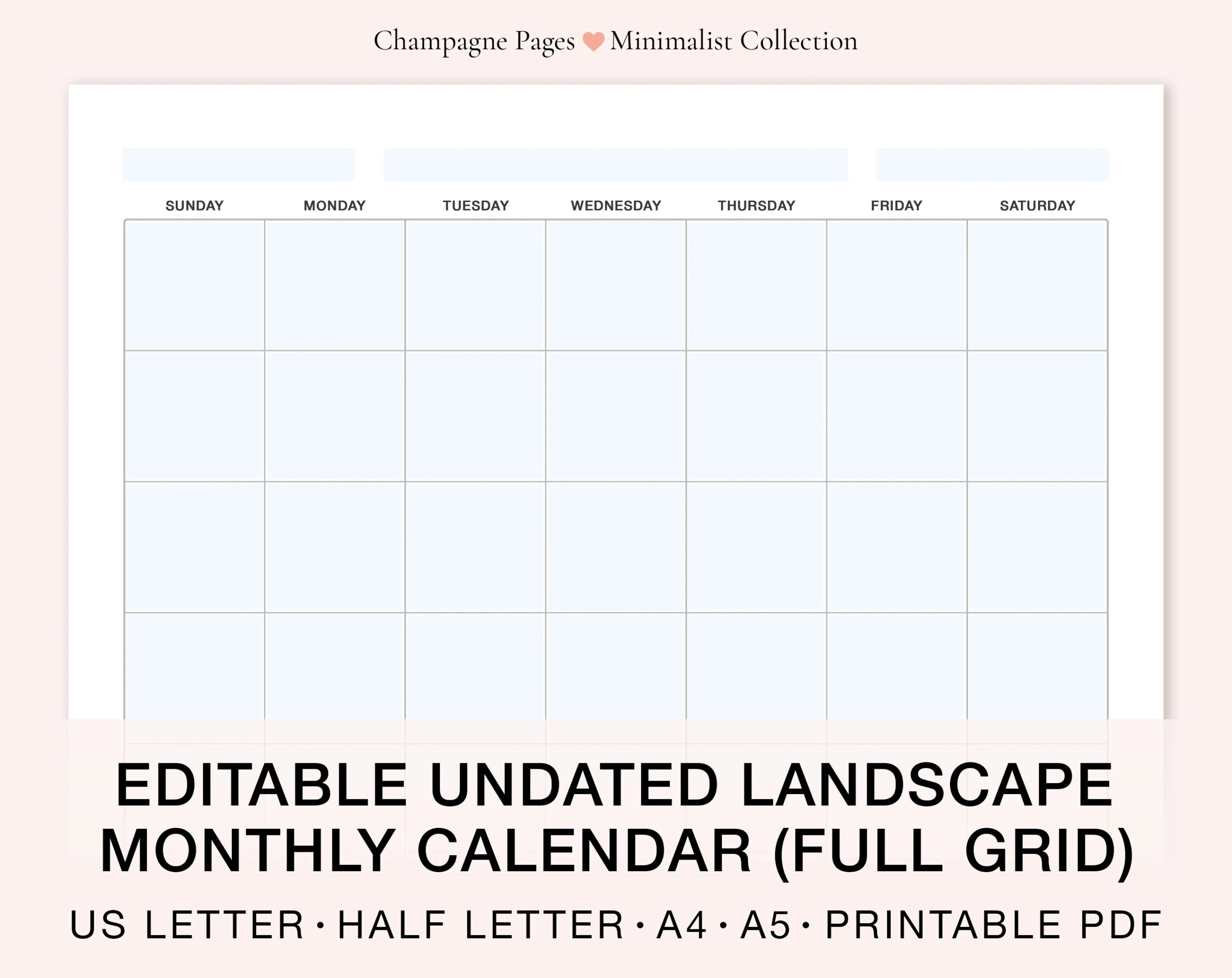 Landscape Editable fillable Blank Monthly Calendar Horizontal Undated Calendar Printable PDF Calendar Template A5 A4 US Letter half Size Etsy