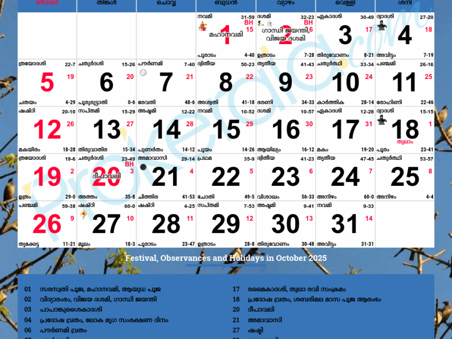 Malayalam Calendar 2025 October