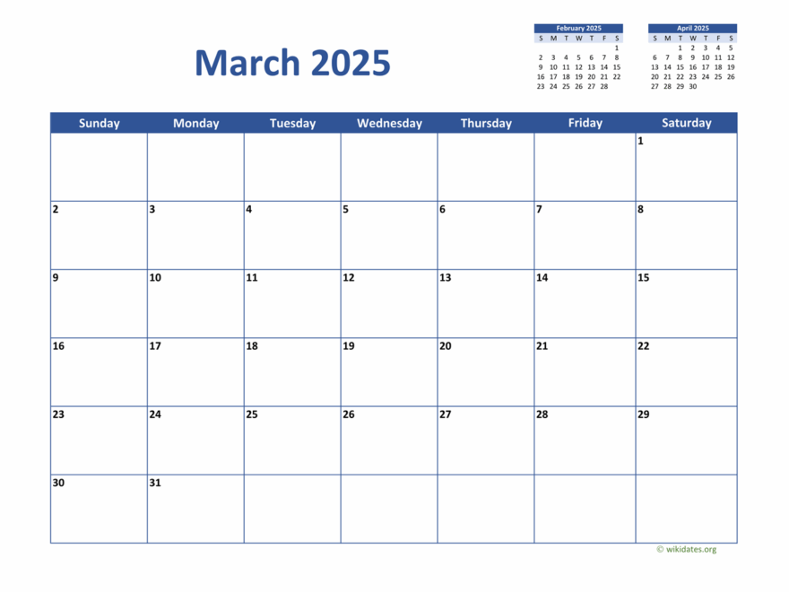 March 2025 Calendar Classic WikiDates