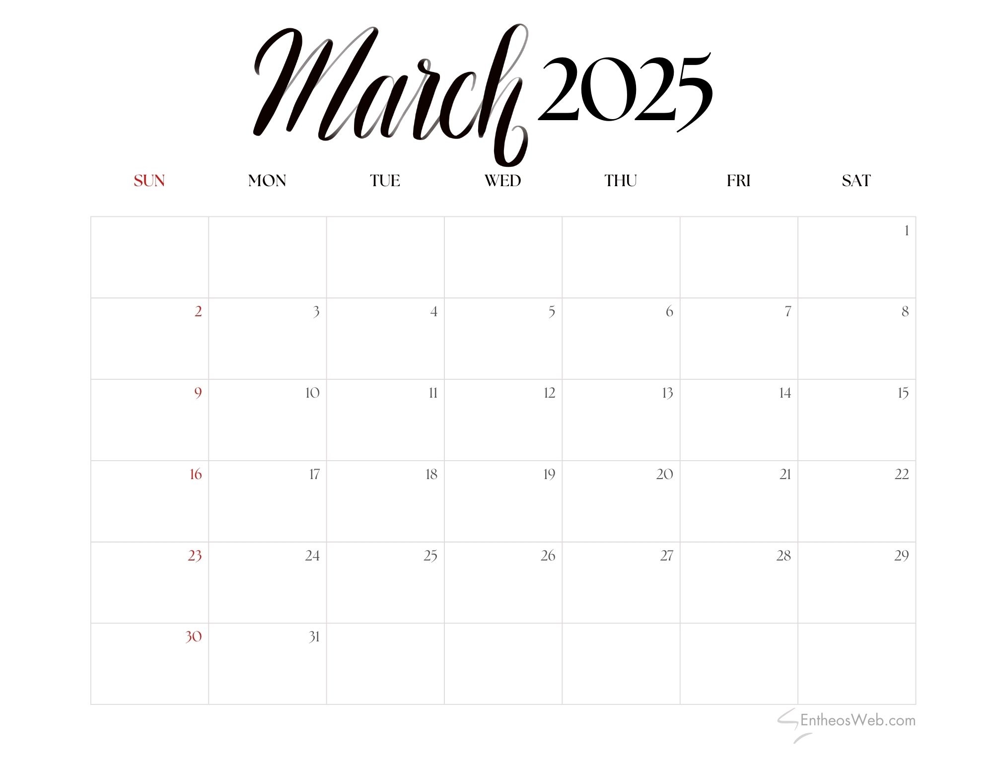 March 2025 Calendar Free PDF Printables EntheosWeb