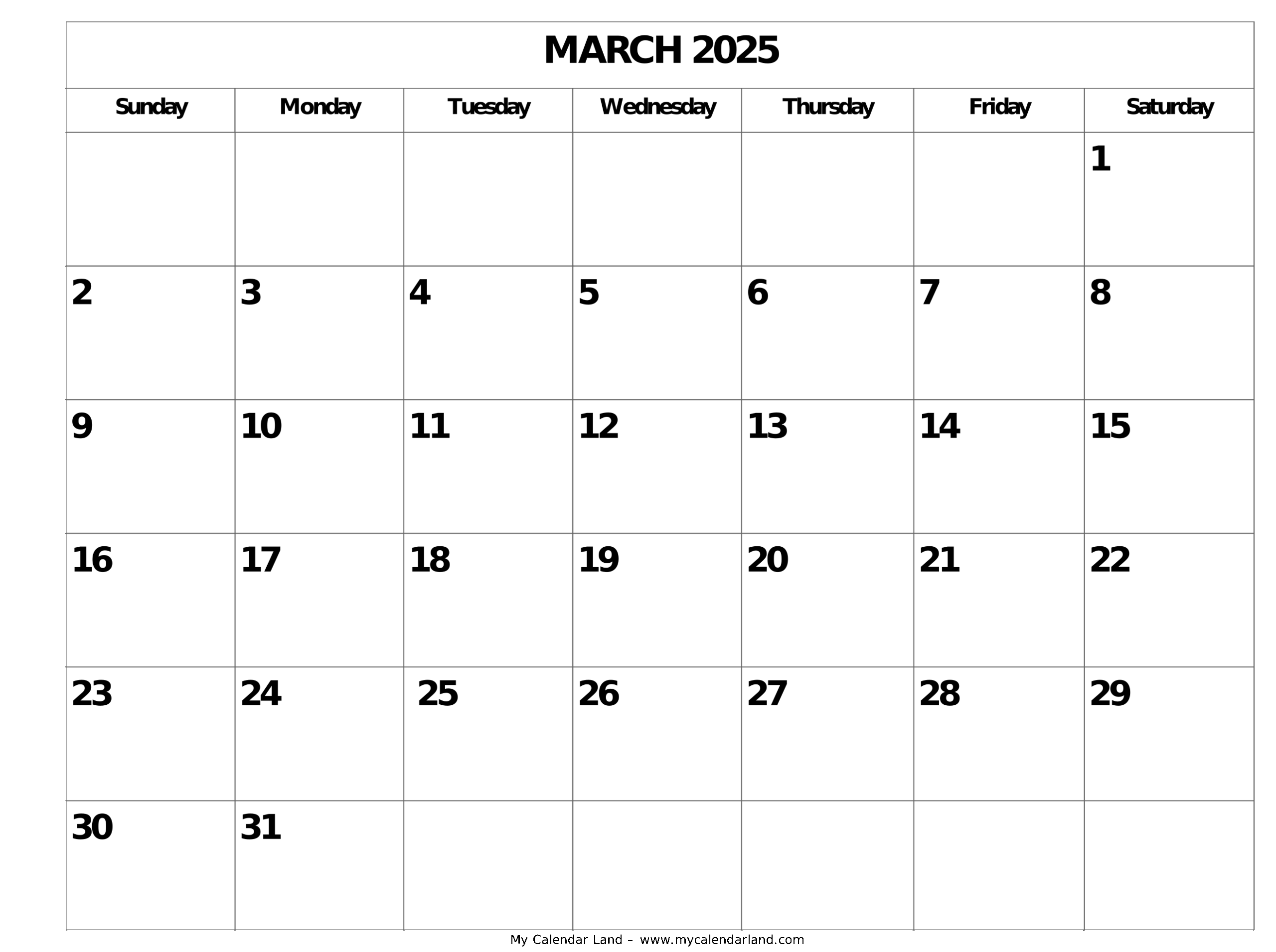 March 2025 Calendar My Calendar Land