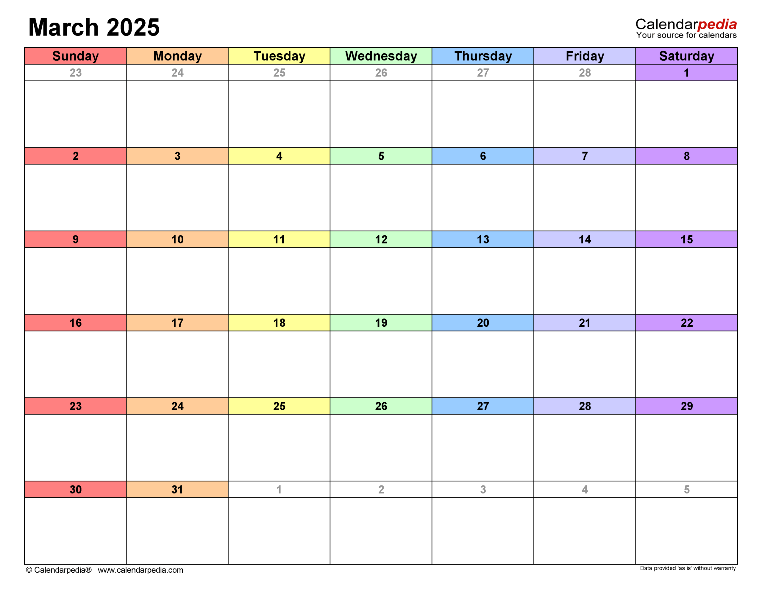 Blank Calendar Mar 2025