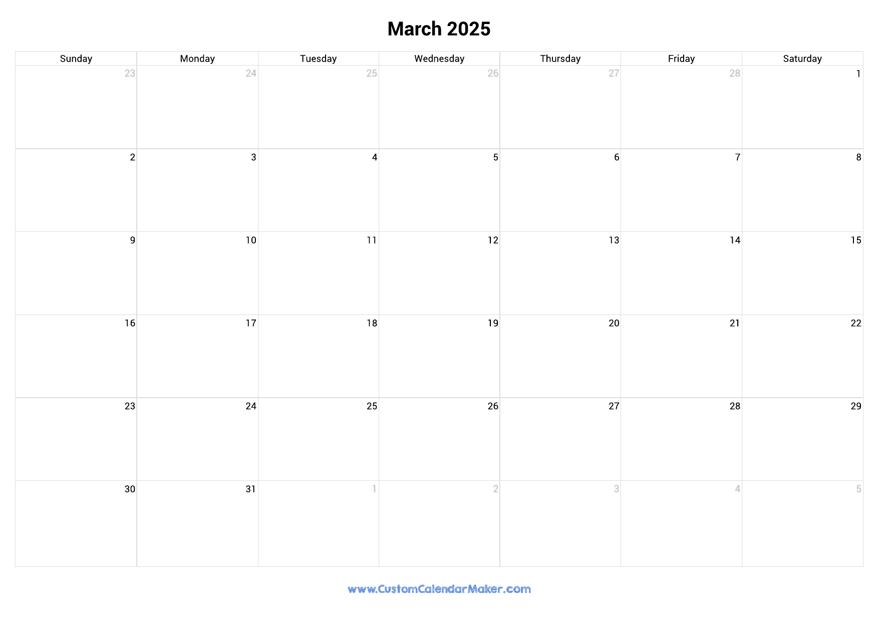 March 2025 Printable Calendar With US Federal Holidays Custom Calendar Maker