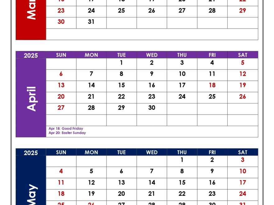 March To May 2025 Calendar Printable PDF Three Months Calendar