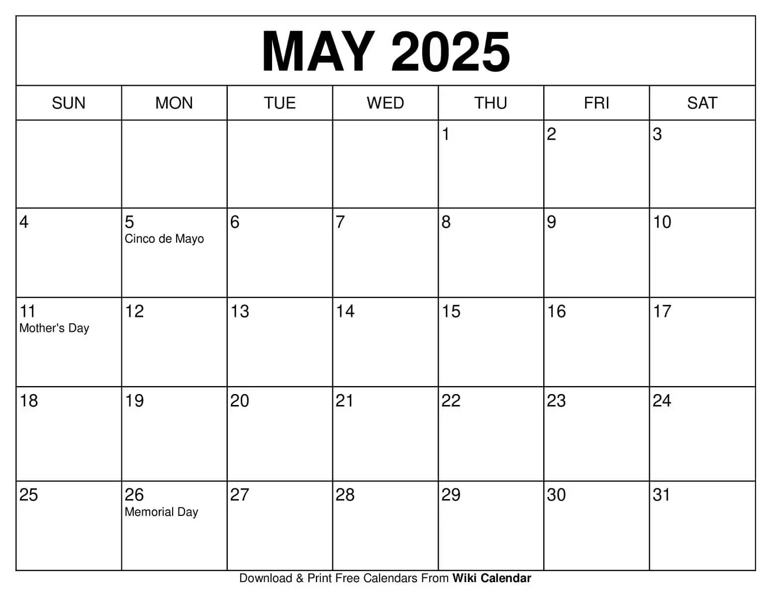 Blank 2025 Calendar 5x7
