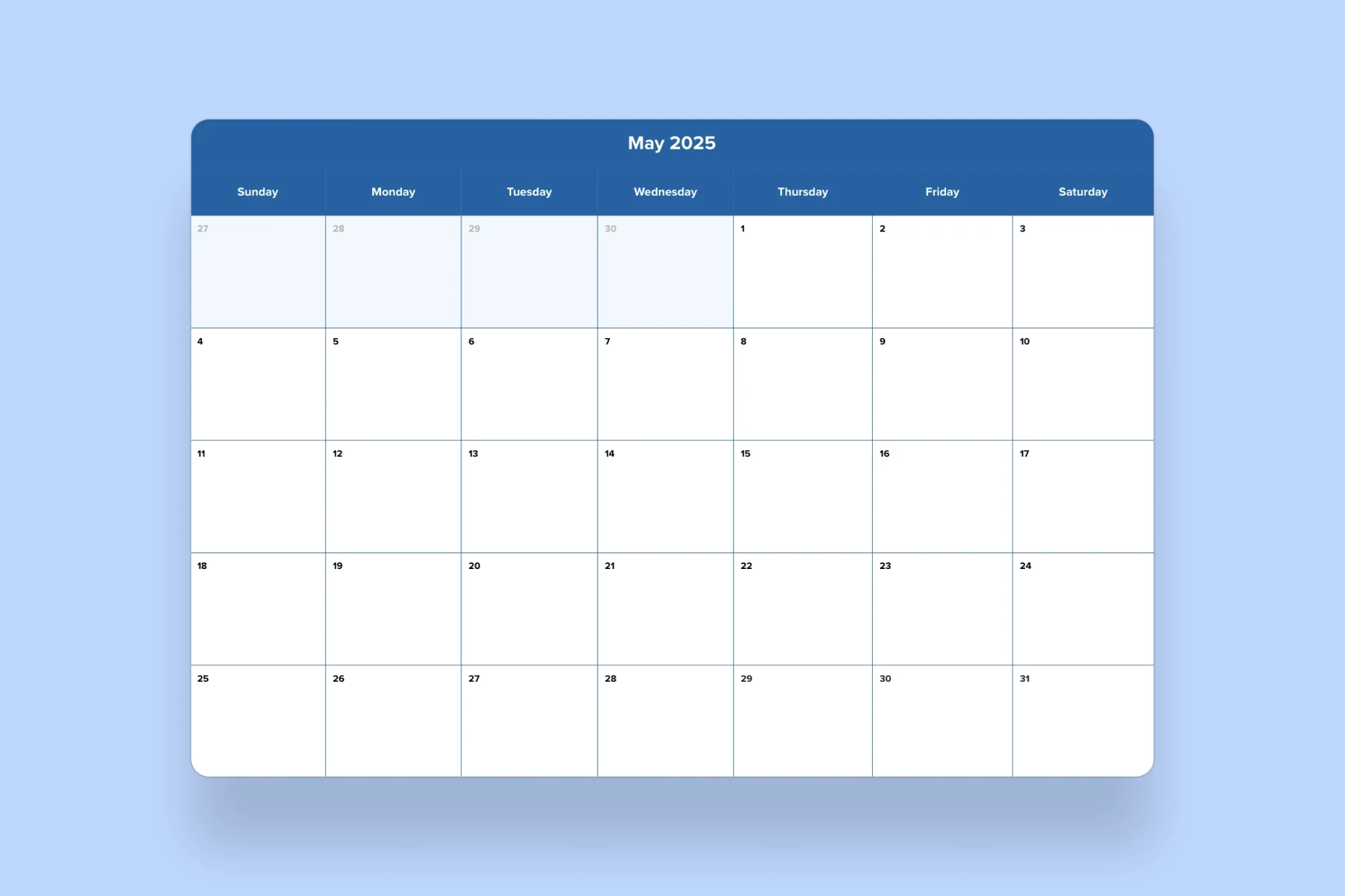 May 2025 Calendar Template Mural