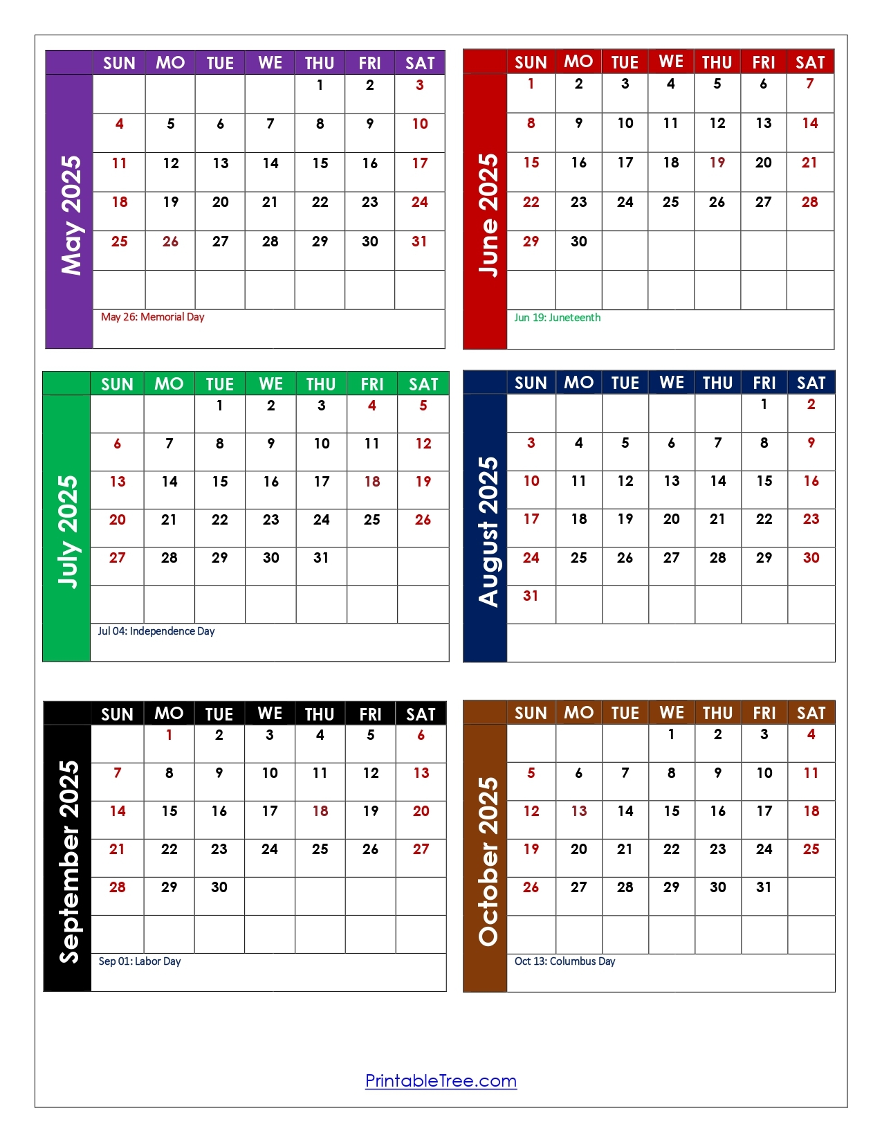 May To October 2025 Calendar Printable PDF Six Months Calendar