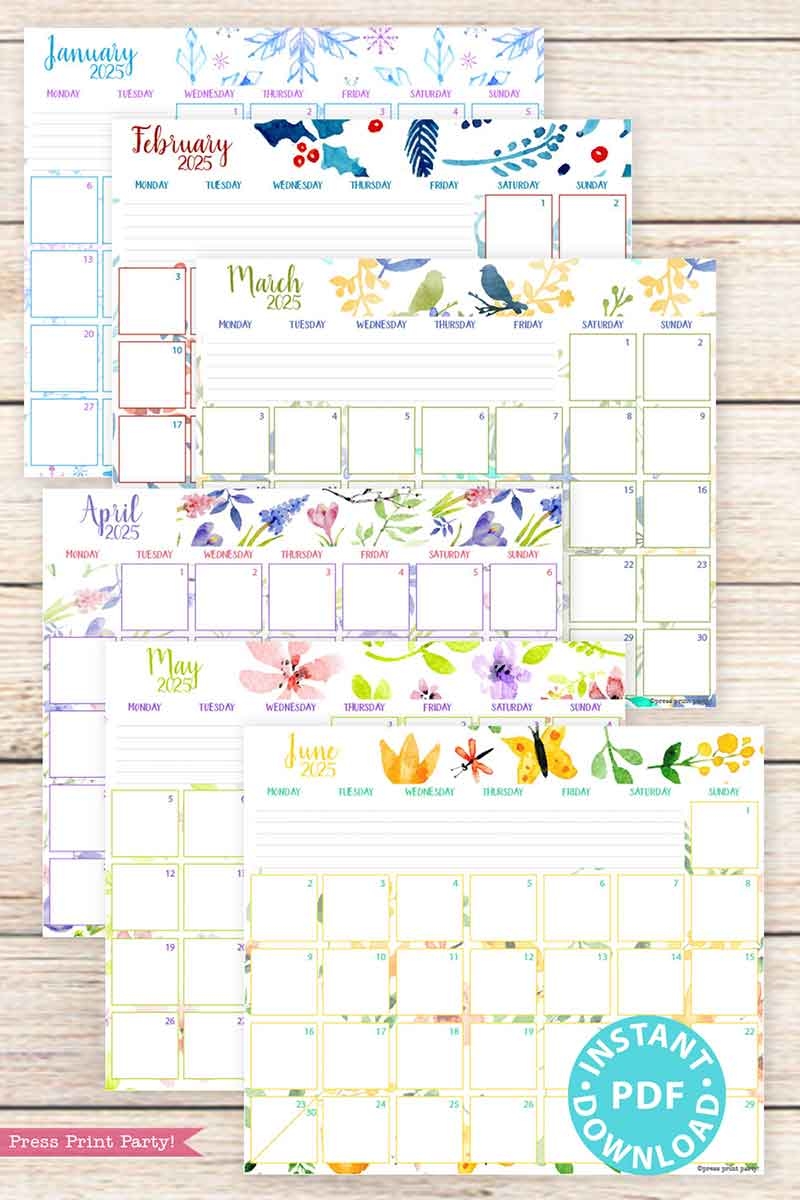 Monday Start 2025 Monthly Calendars For Bullet Journals Or Binders Watercolor Printable 