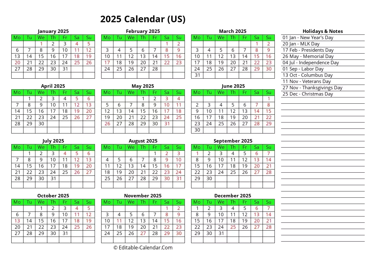 Monday Start 2025 Yearly Calendar Editable In Excel Word PDF