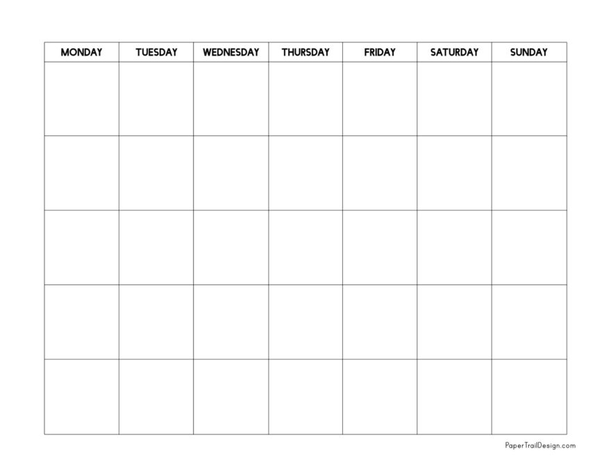 Monday Start Blank Calendar Template Paper Trail Design