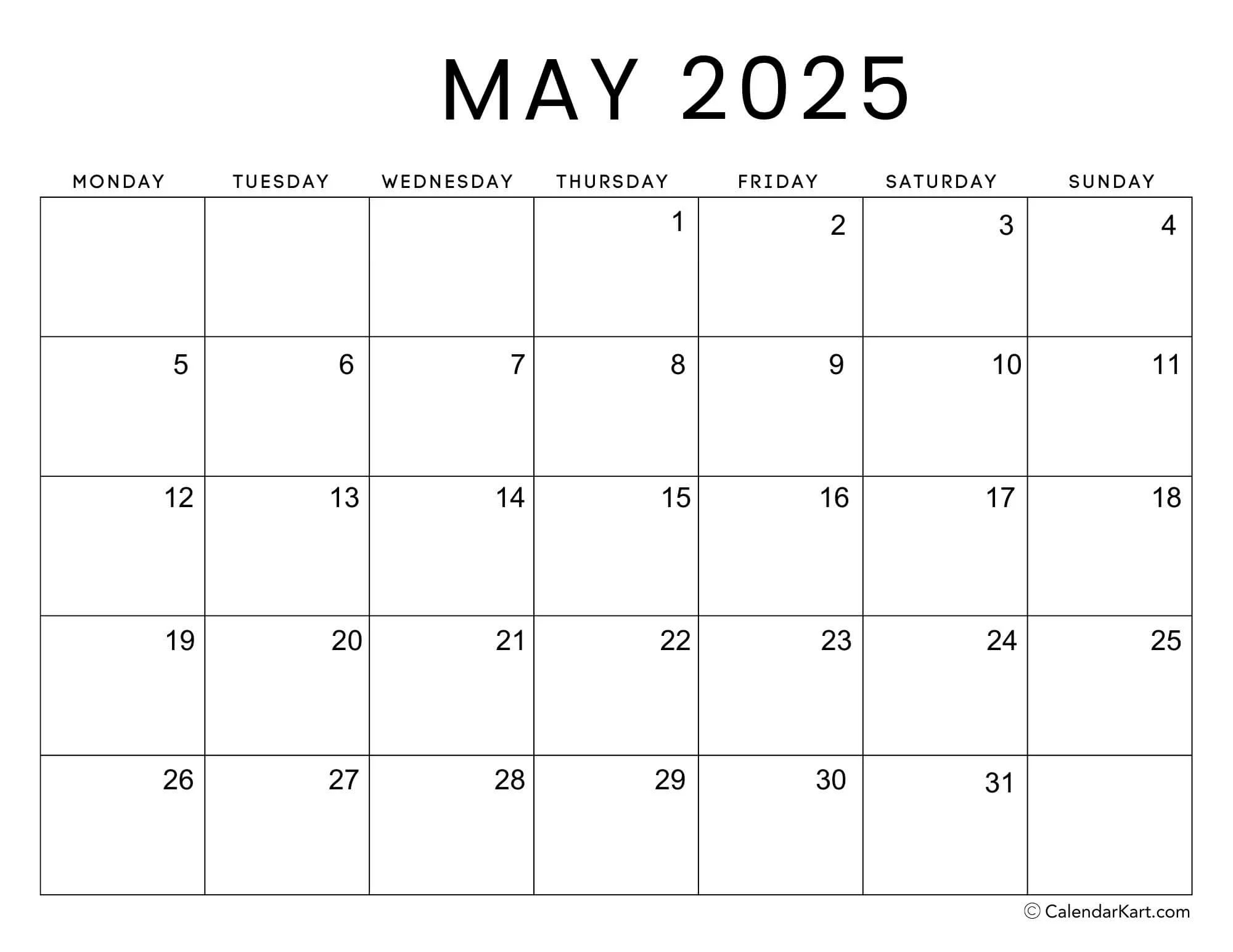 Monday Start Calendars 2025 CalendarKart