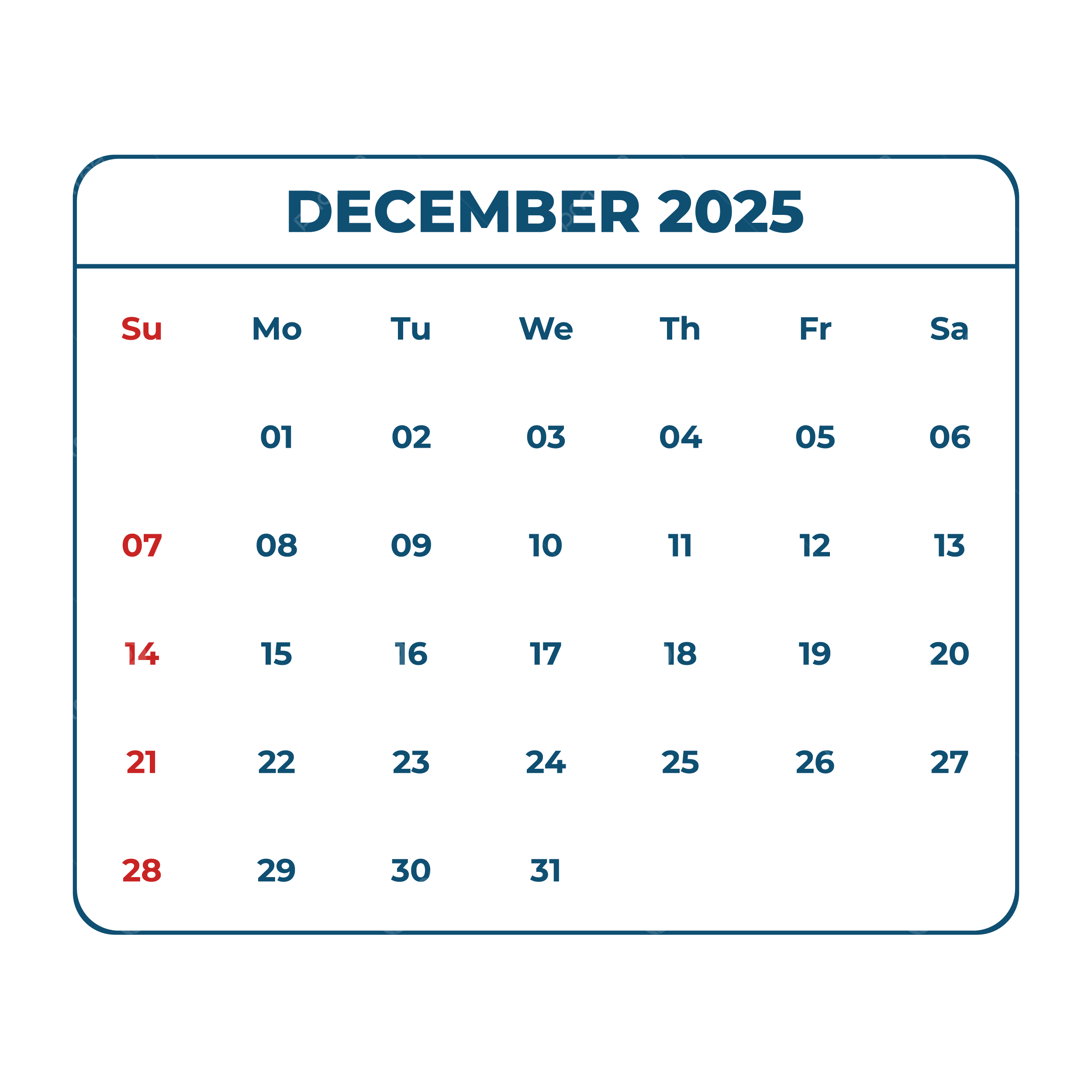 Month Of December 2025 Monthly Calendar Design Vector December 2025 Desk Calender 2025 PNG And Vector With Transparent Background For Free Download