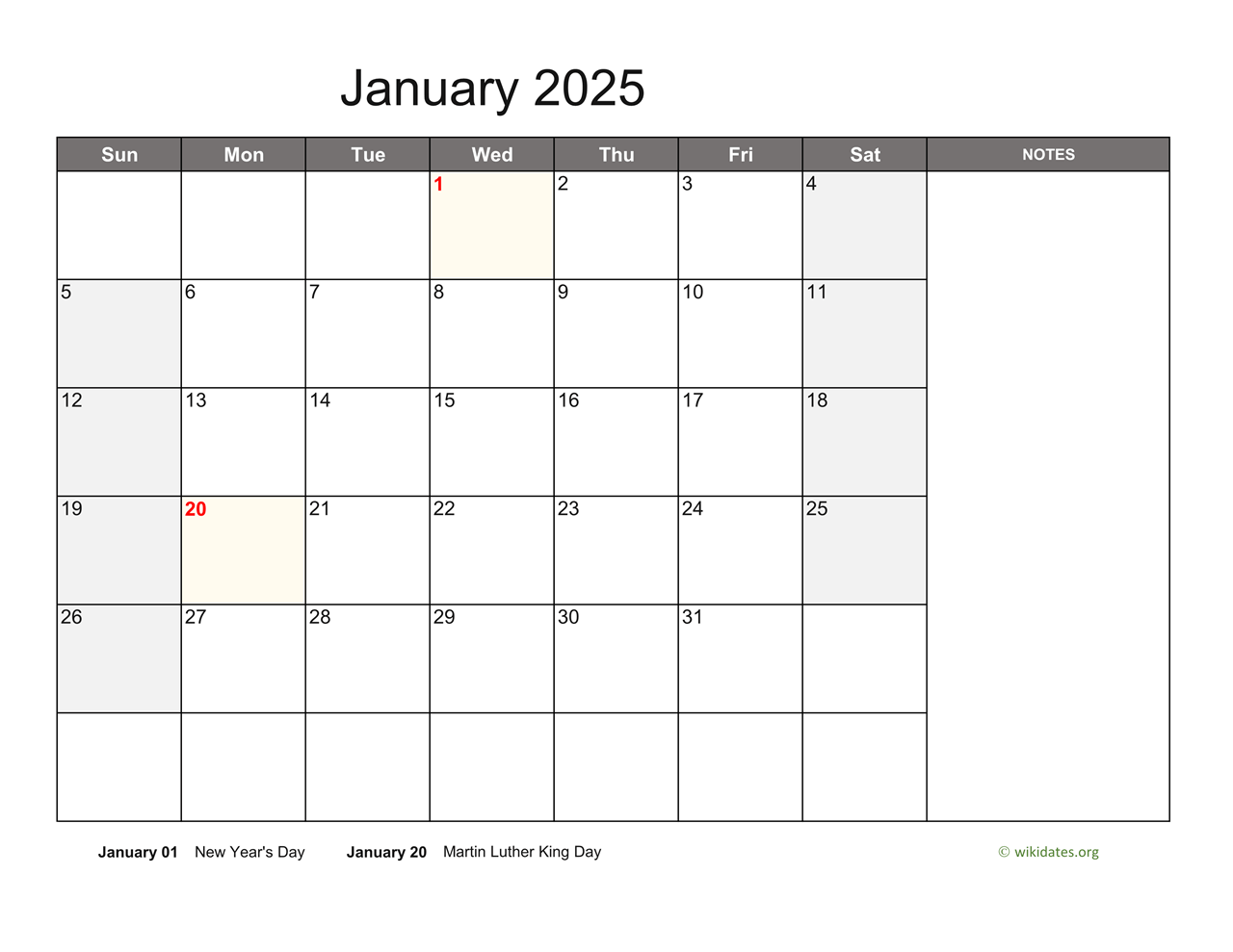 Monthly 2025 Calendar With Notes WikiDates