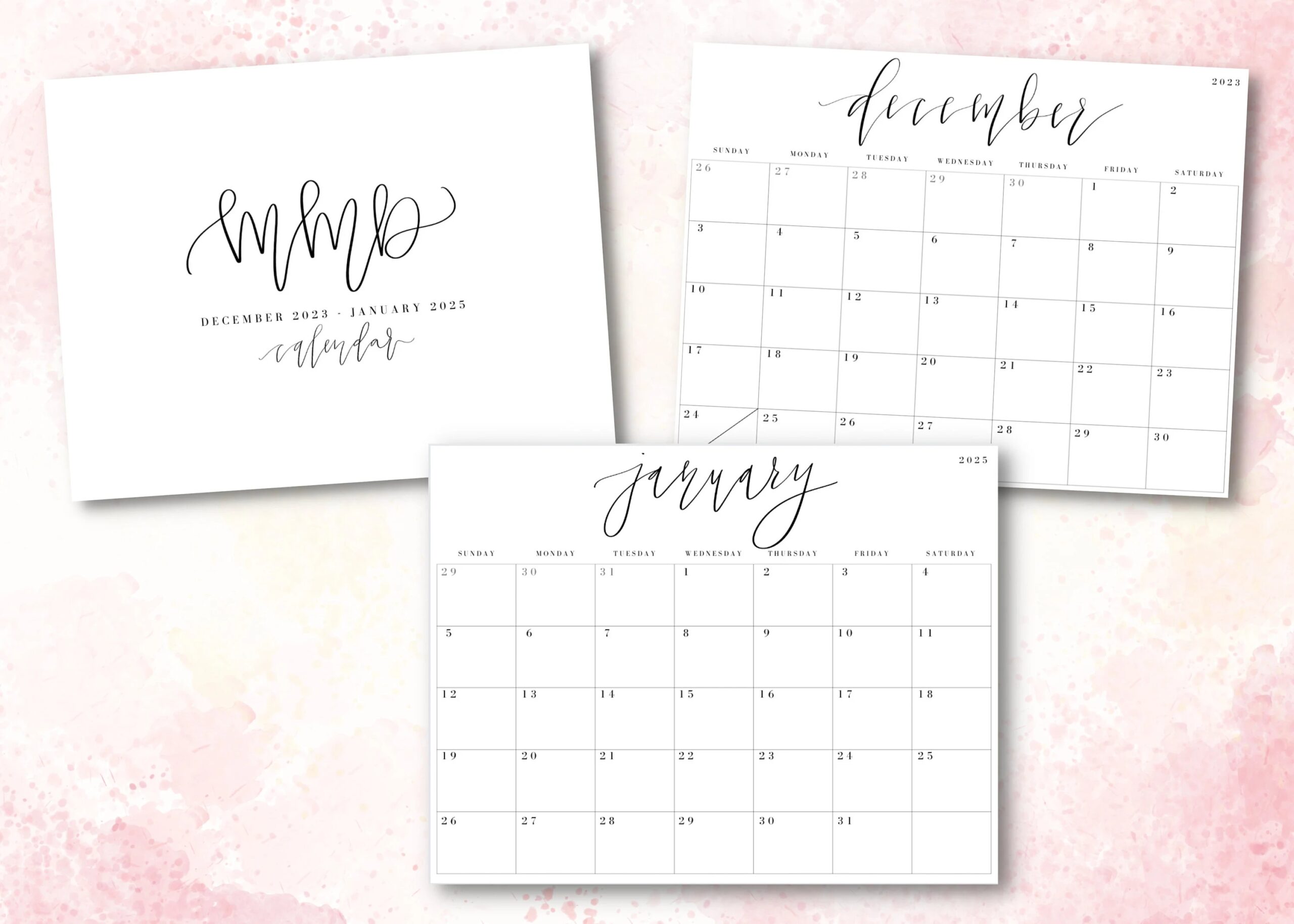 Monthly Calendar December 2023 January 2025 Calligraphy Minimal Instant Download PDF Printable Calendar Horizontal Etsy