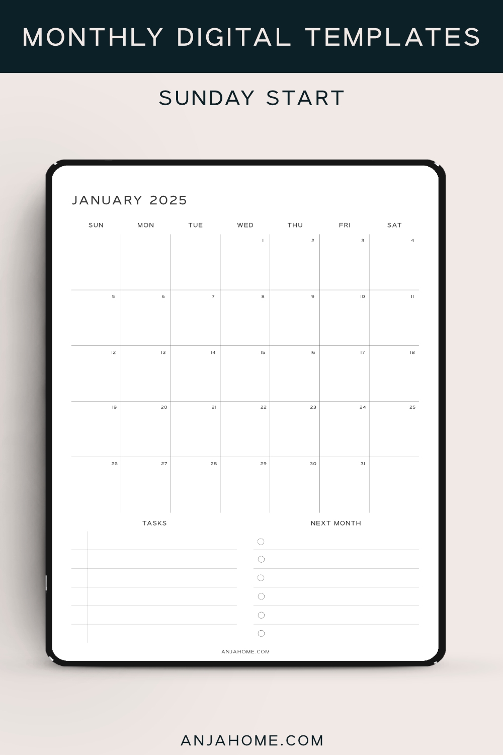 Monthly Calendar Digital Template 2025 AnjaHome