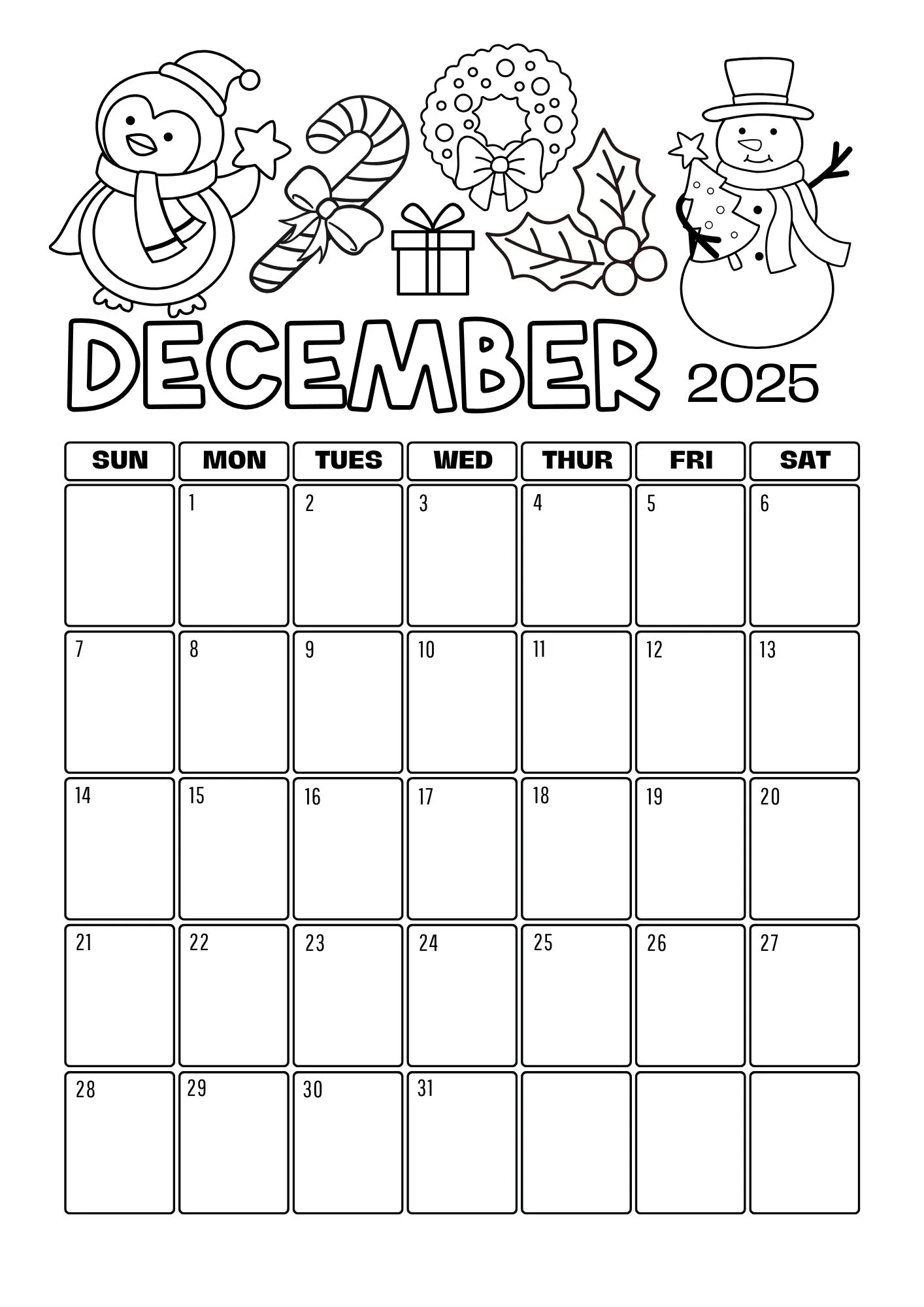 Blank Deceember 2025 Calendar