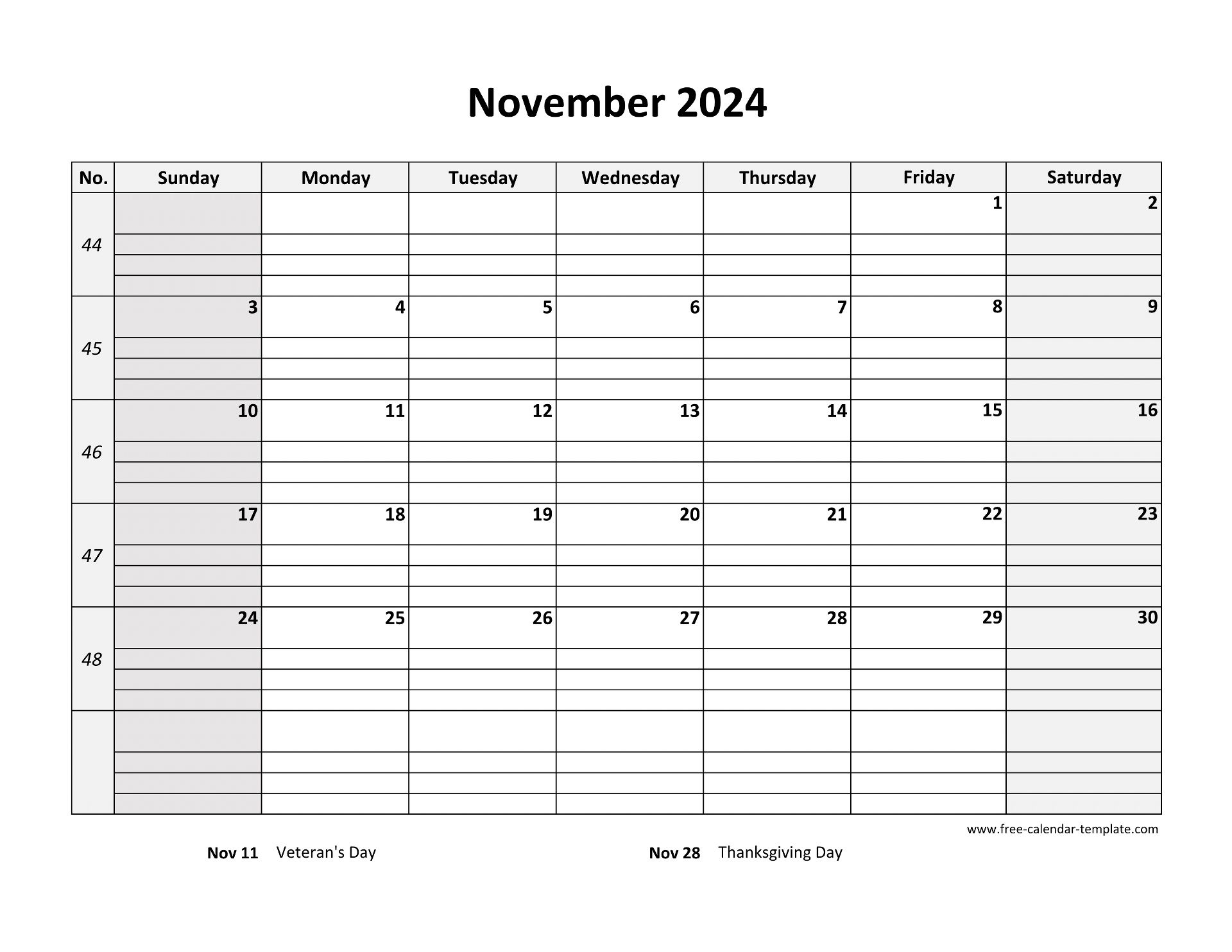 November 2024 Calendar Free Printable With Grid Lines Designed horizontal Free calendar template