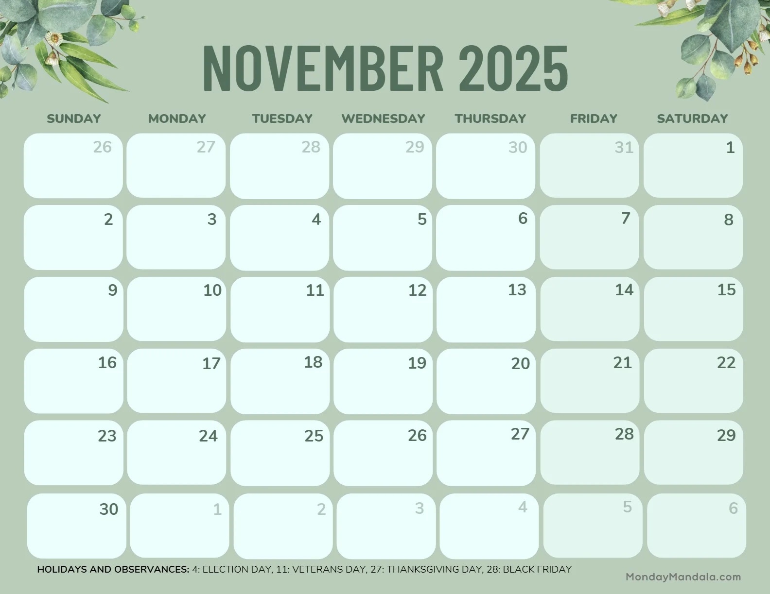 November 2025 Calendar 52 Free PDF Printables 