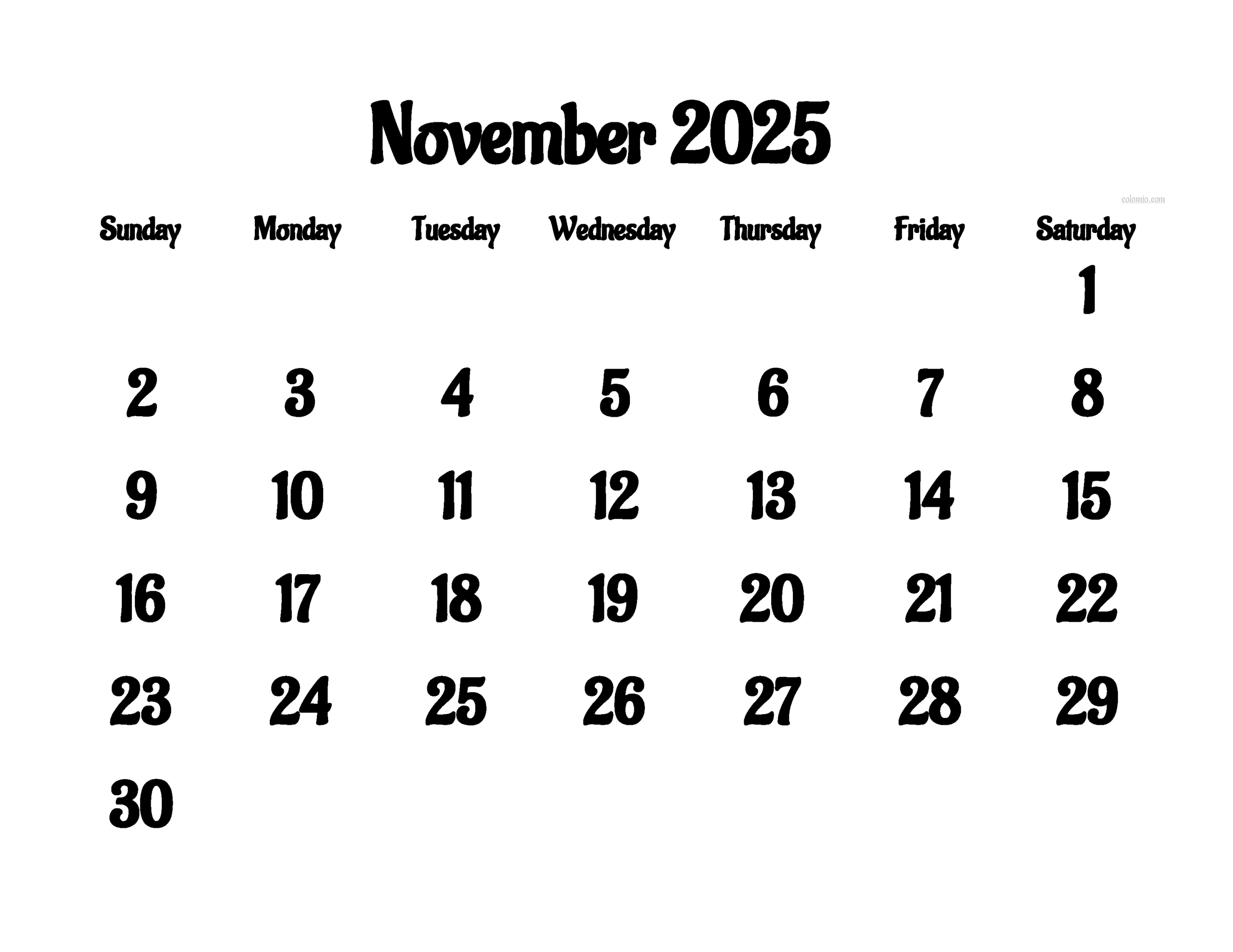 2025 Blank Calendar November
