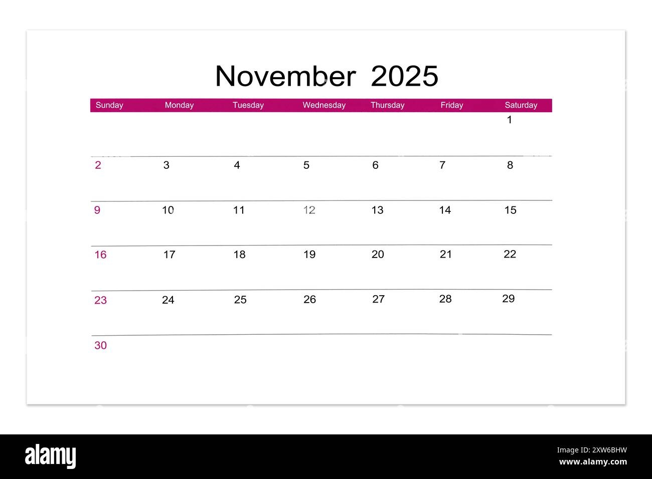 November 2025 Calendar Page For 2025 Year Isolated On White Background Saved Clipping Path Stock Photo Alamy