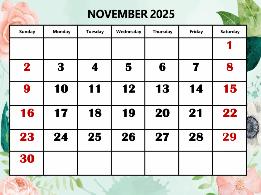 November 2025 Calendar Printable PDF Template With Holidays
