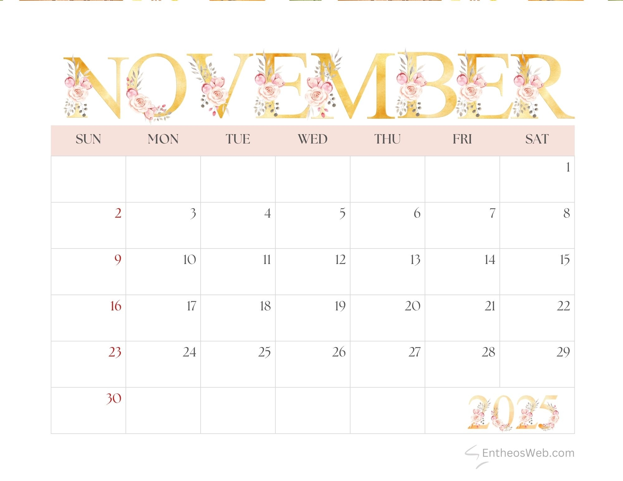 Printable Blank November 2025 Calendar