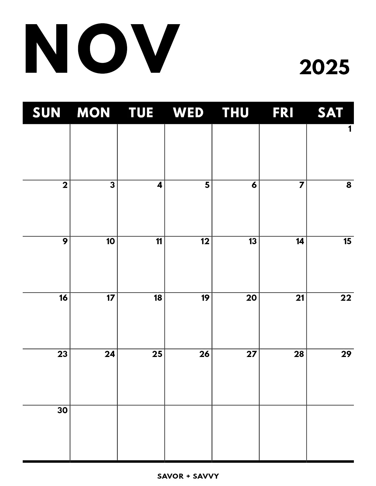 November 2025 Calendar Templates 14 Free Printables Savor Savvy