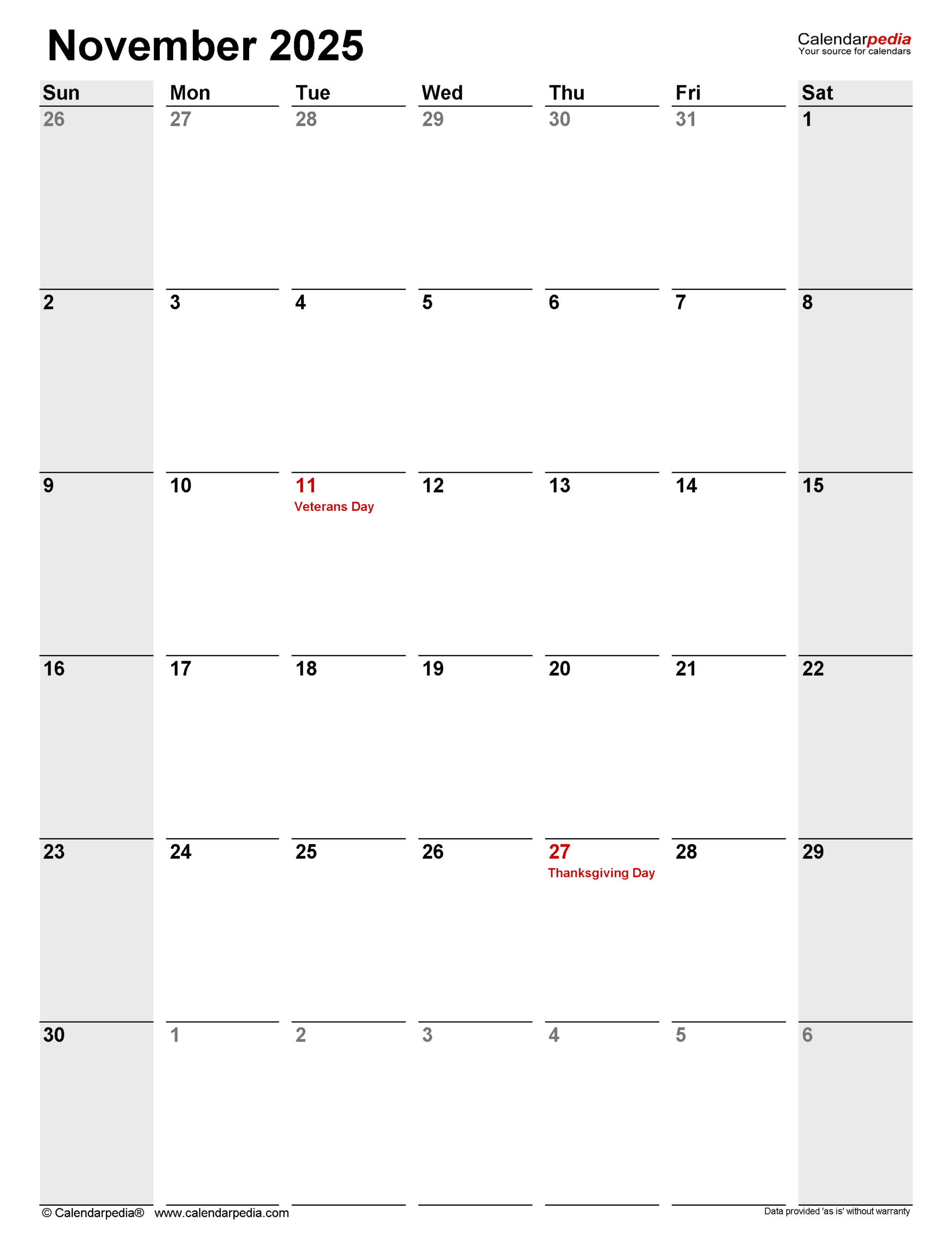 November 2025 Calendar Templates For PDF Excel And Word