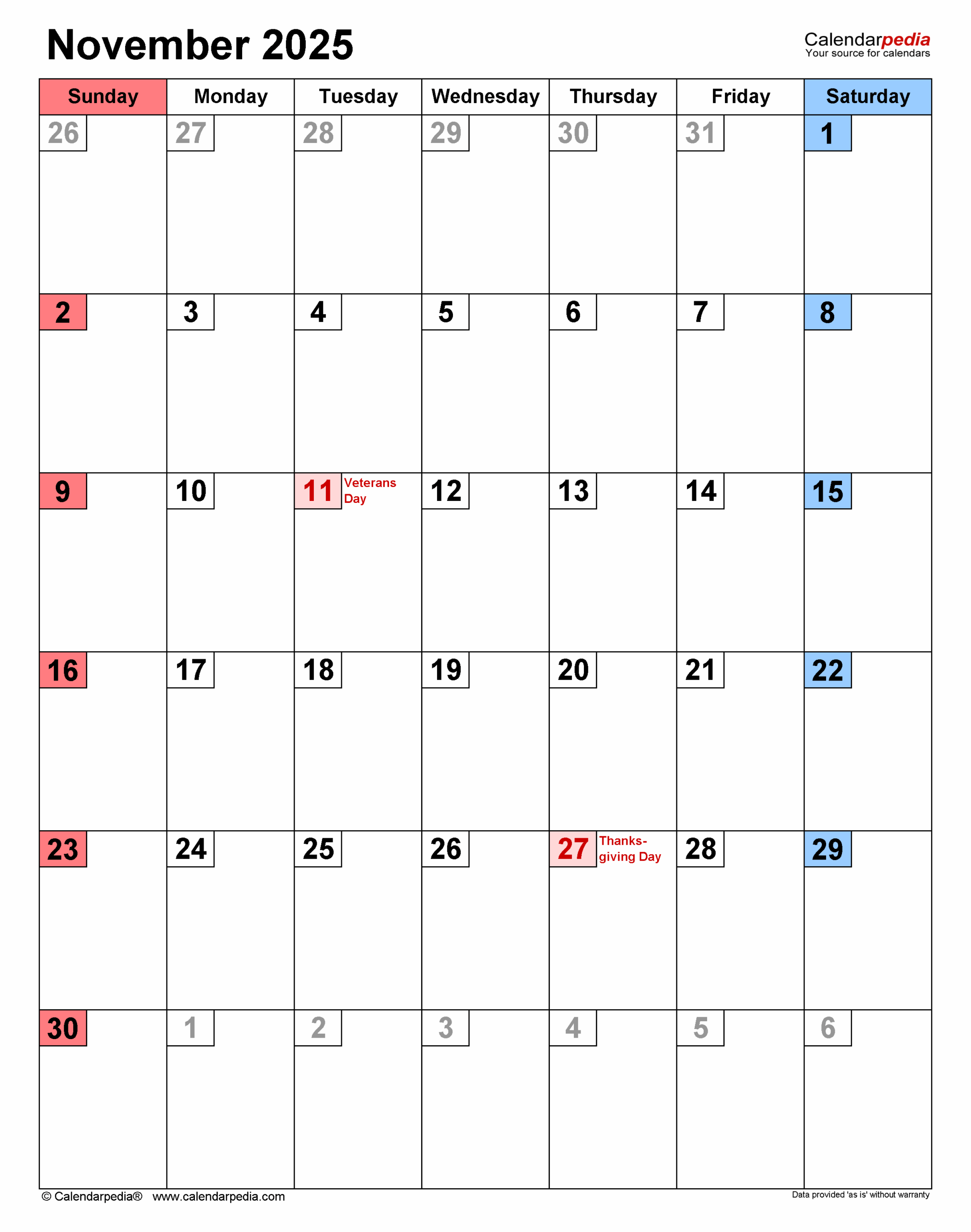 November 2025 Calendar Templates For PDF Excel And Word