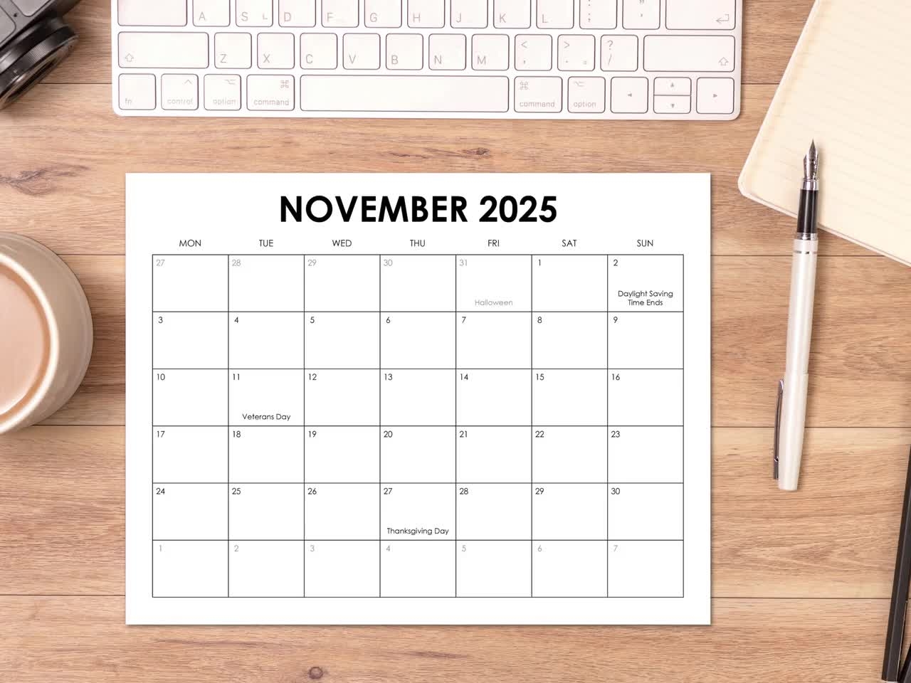 November 2025 Calendar With Holidays Printable Dated November Monthly Calendar Instant Digital Download PDF Sunday Start Monday Start Etsy