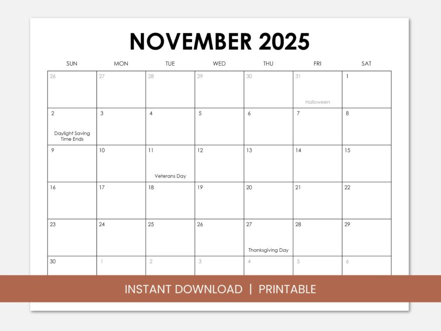 November 2025 Calendar With Holidays Printable Dated November Monthly Calendar Instant Digital Download PDF Sunday Start Monday Start Etsy