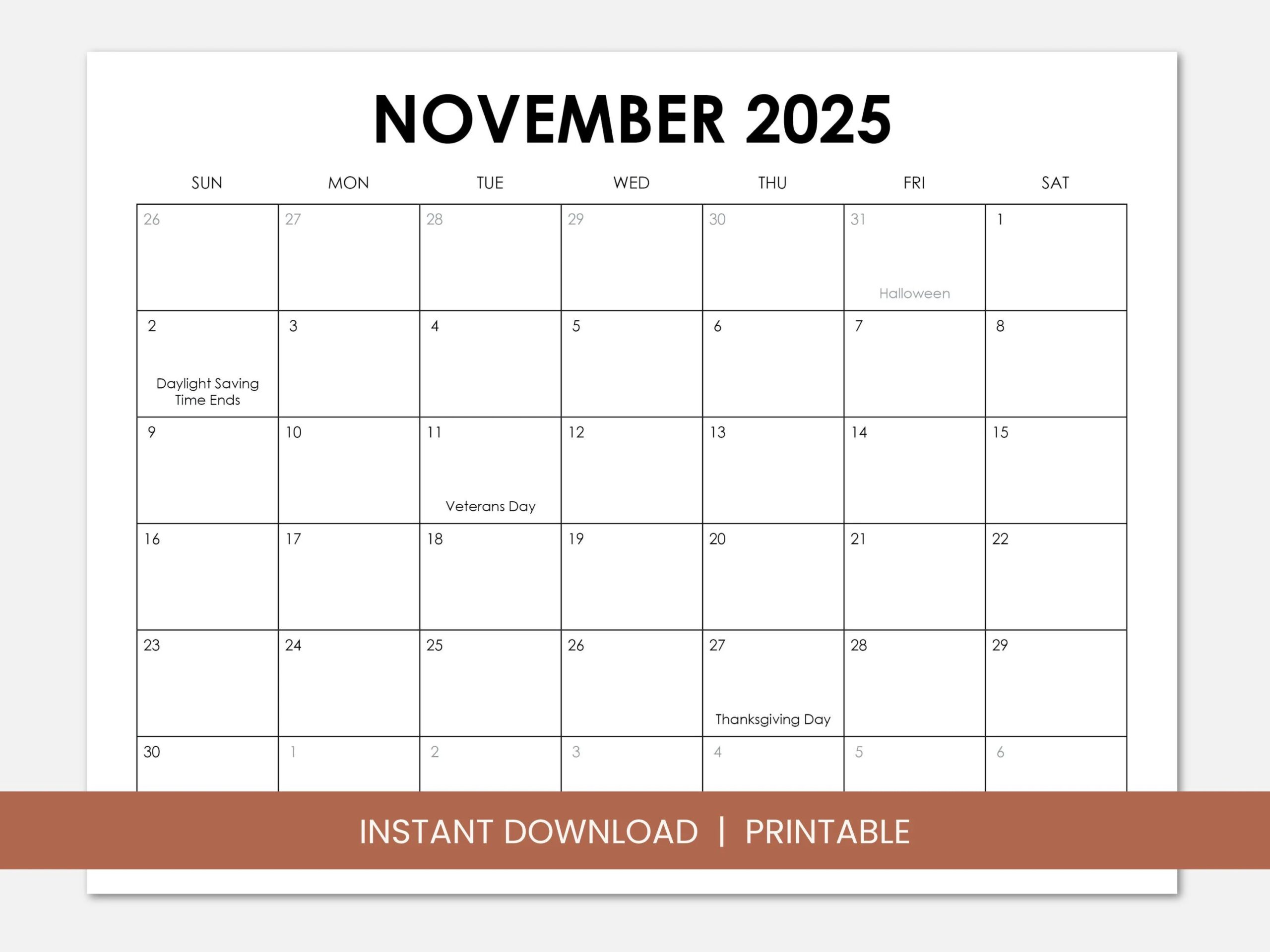 November 2025 Calendar With Holidays Printable Dated November Monthly Calendar Instant Digital Download PDF Sunday Start Monday Start Etsy