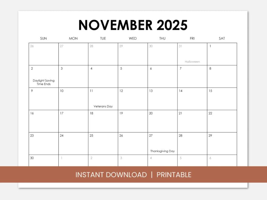 November 2025 Calendar With Holidays Printable Dated November Monthly Calendar Instant Digital Download PDF Sunday Start Monday Start Etsy