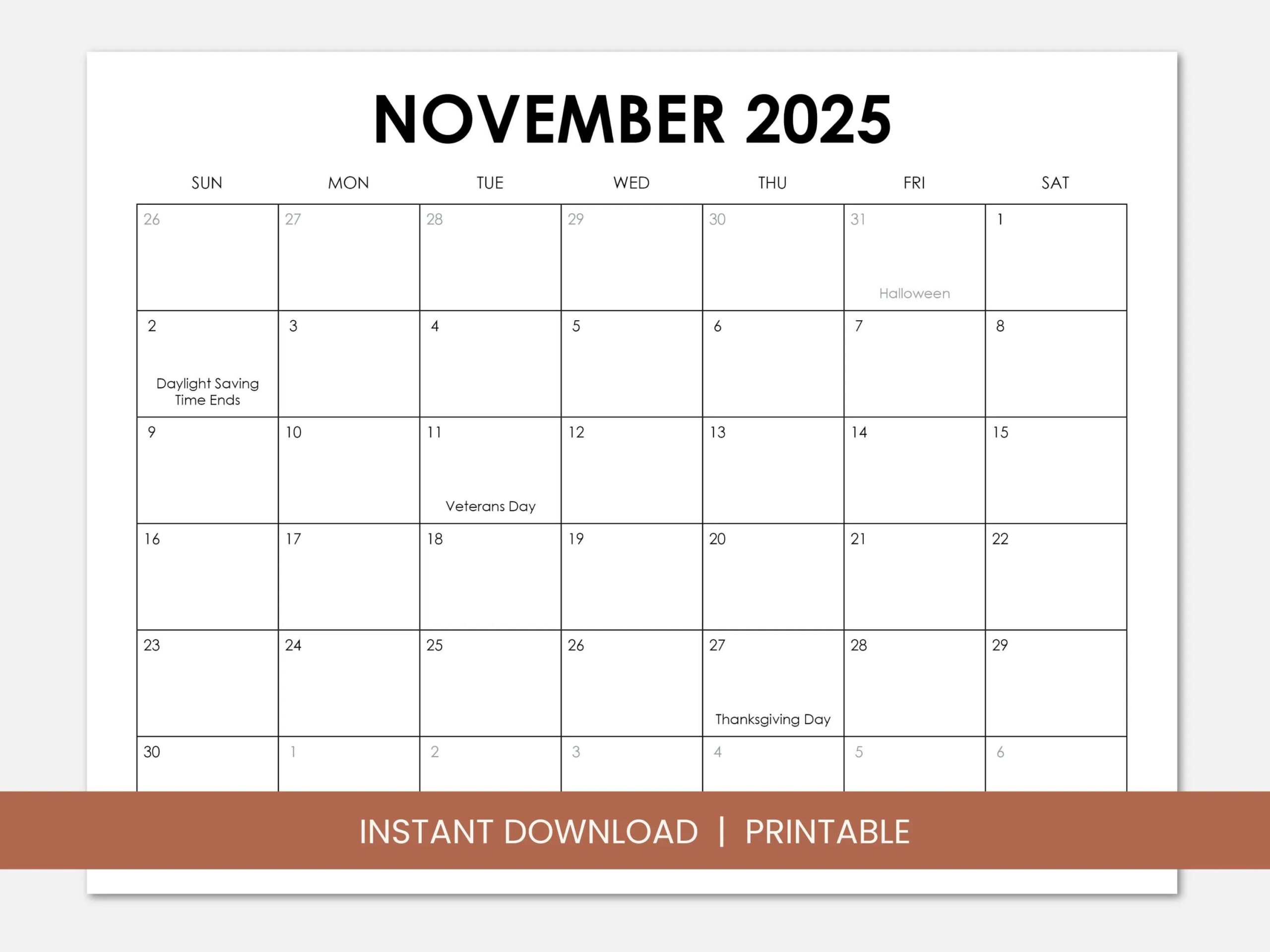November 2025 Calendar With Holidays Printable Dated November Monthly Calendar Instant Digital Download PDF Sunday Start Monday Start Etsy