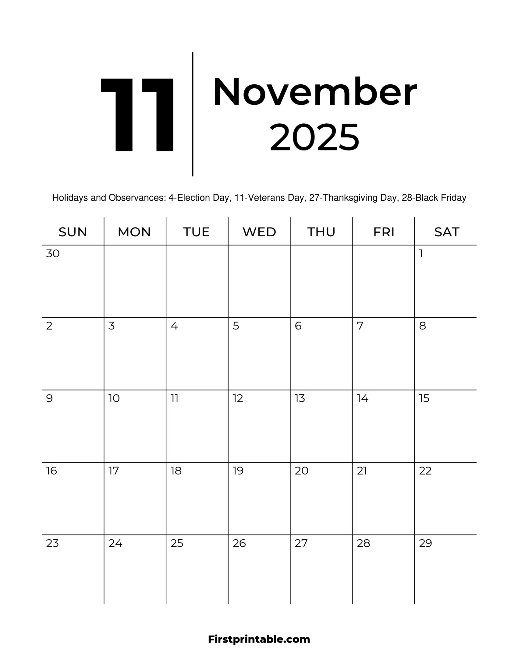 November 2025 Calendars Free Printable Fillable