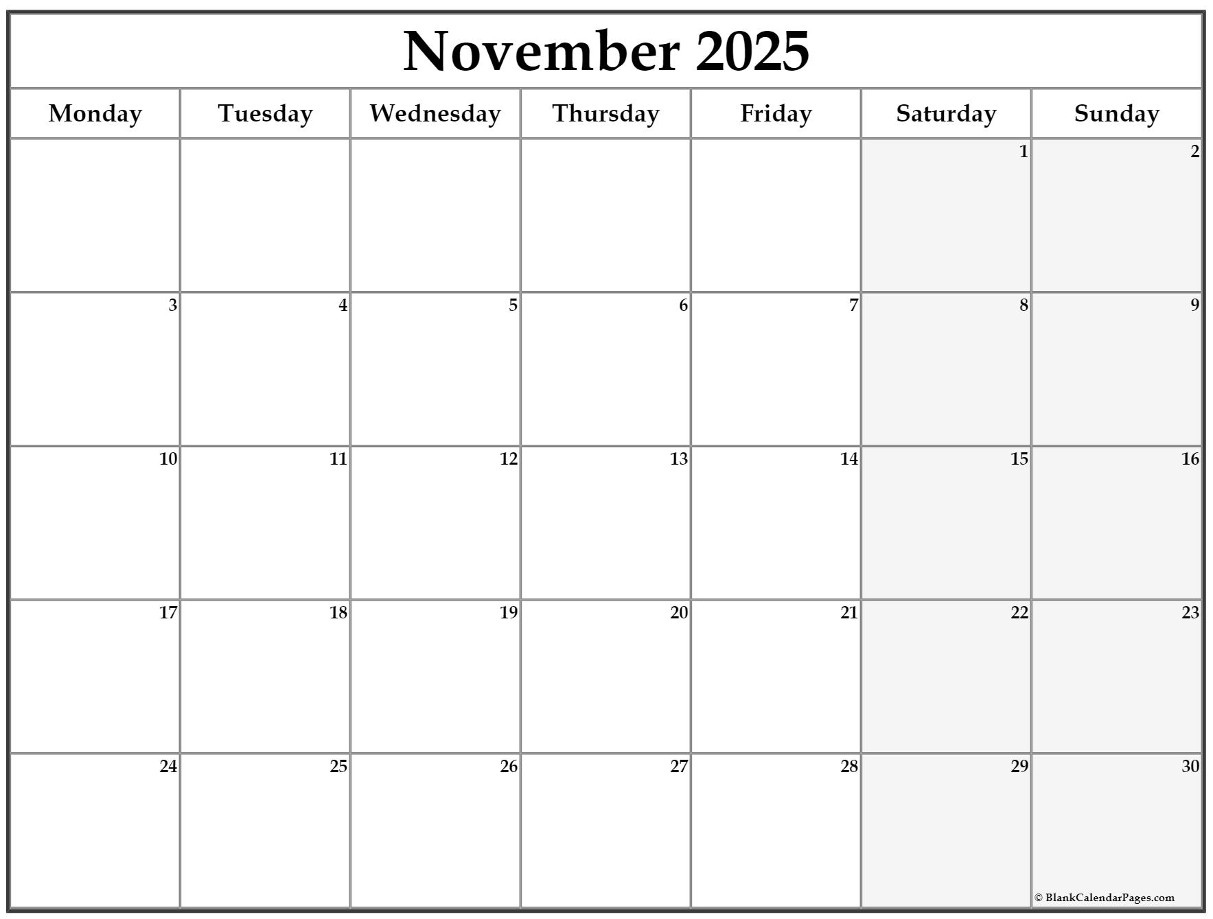 November 2025 Monday Calendar Monday To Sunday