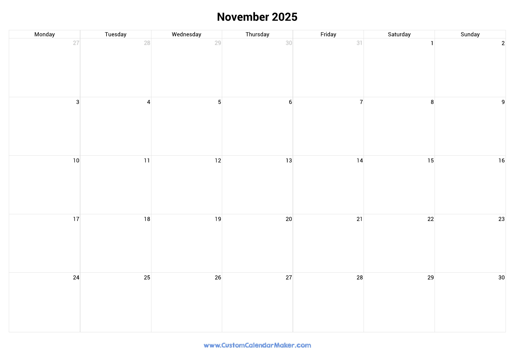 November 2025 Monday Start Calendar Monday To Sunday Custom Calendar Maker