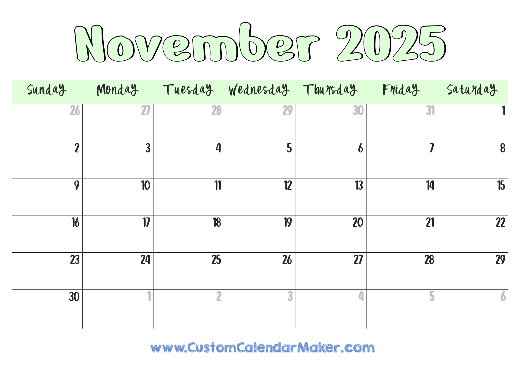 November 2025 Printable Calendar 23 Free Templates PDF Custom Calendar Maker